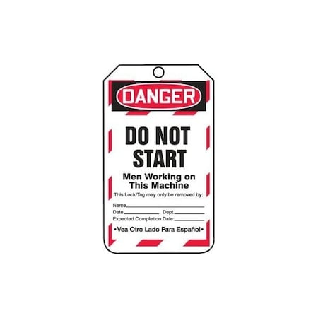Accuform Safety Tags, DANGER DO NOT START MEN WORKING ON THIS MACHINE Bilingual Spanish, 5.75x3.25in, 25PK TSP181PTP